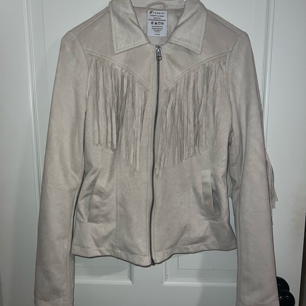 Fringe Detail Beige Jacket